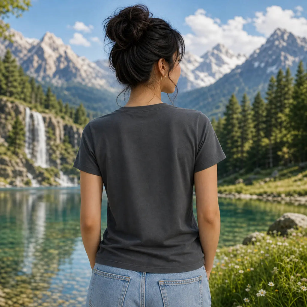 Person in dark gray tee and jeans standing before reflective lake, waterfall, pine forest, and towering snow‑capped mountains.
