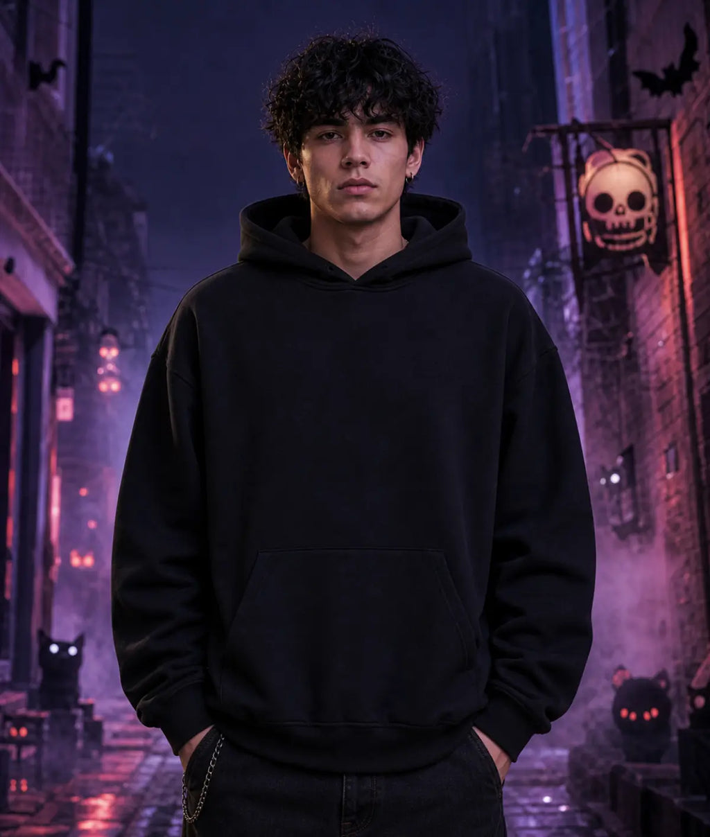 Person in black hoodie standing in a foggy Halloween alley with glowing jack‑o’-lanterns, bats, and eerie orange lighting.