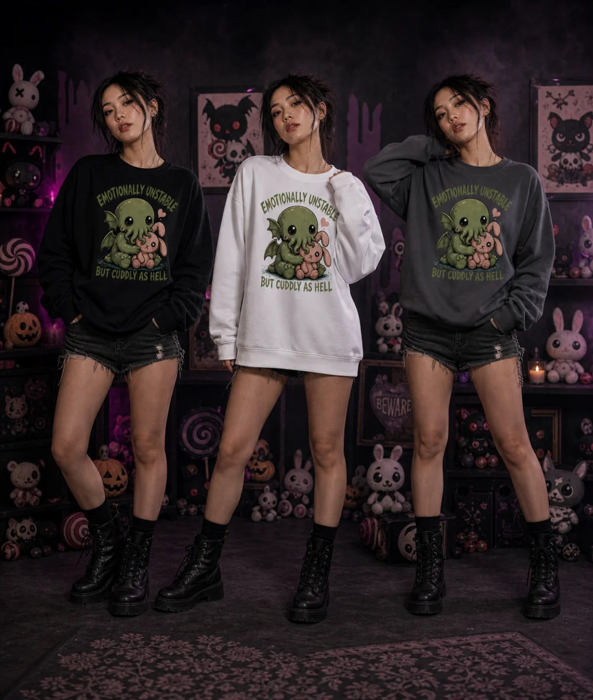 Three people in black, white, and gray Cthulhu sweatshirts standing indoors with gothic plush toys, pumpkins, and spooky décor.
