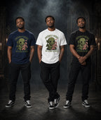 Three people in navy, white, and black Cthulhu tees standing in a gothic arch setting with candles and moody atmospheric lighting.