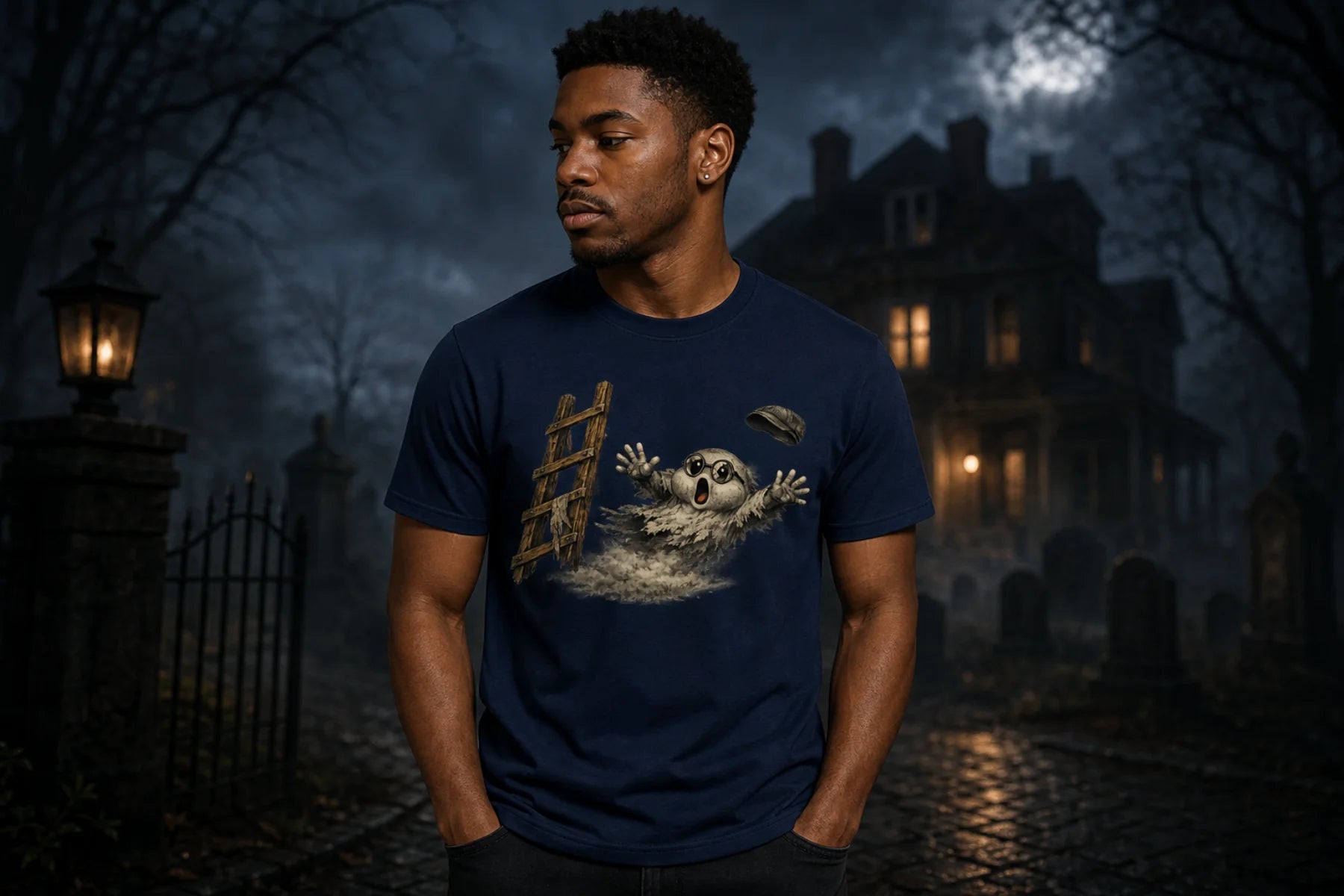 Man in a navy blue graphic t‑shirt with a ghost and ladder design standing in a foggy graveyard at night near a haunted house