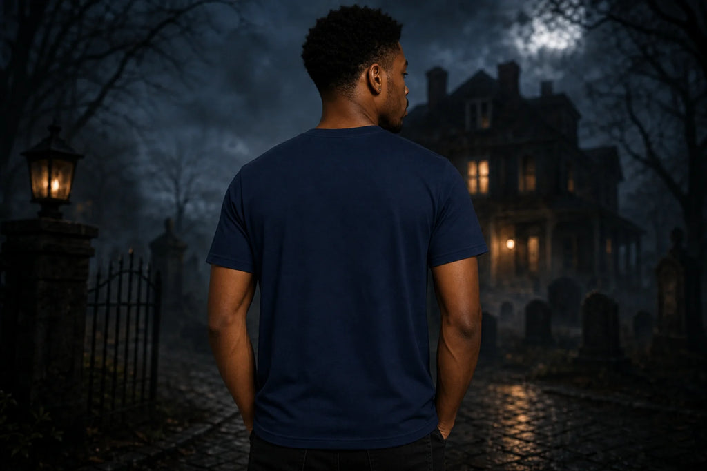 “Man seen from behind in a plain navy t‑shirt standing on a cobblestone path in a misty night scene with haunted house and cemetery