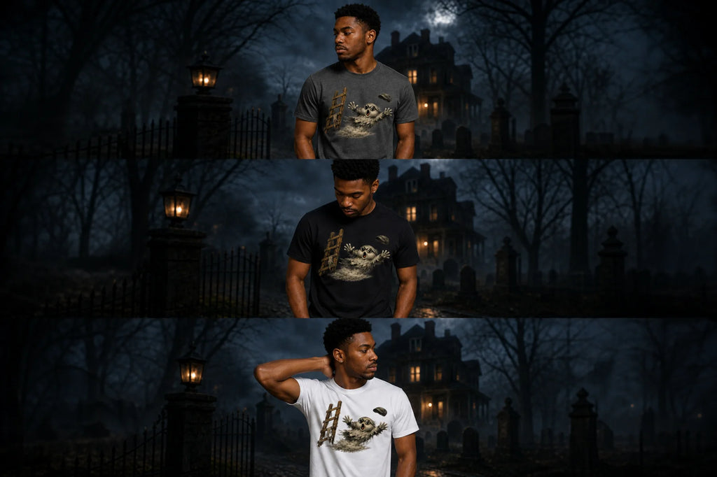 Three panels show a man wearing gray, black, and white gothic graphic tees in a dark outdoor night scene with haunted house.