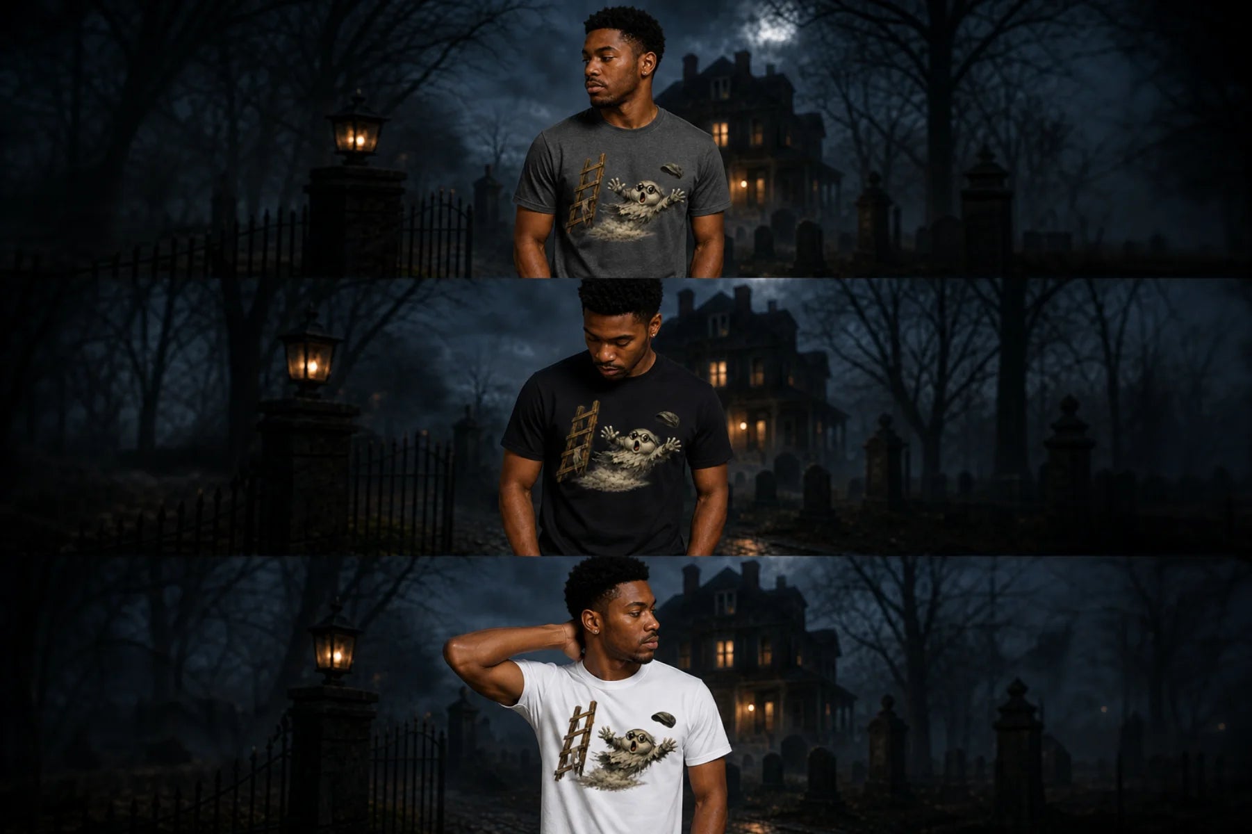 Three panels show a man wearing gray, black, and white gothic graphic tees in a dark outdoor night scene with haunted house.