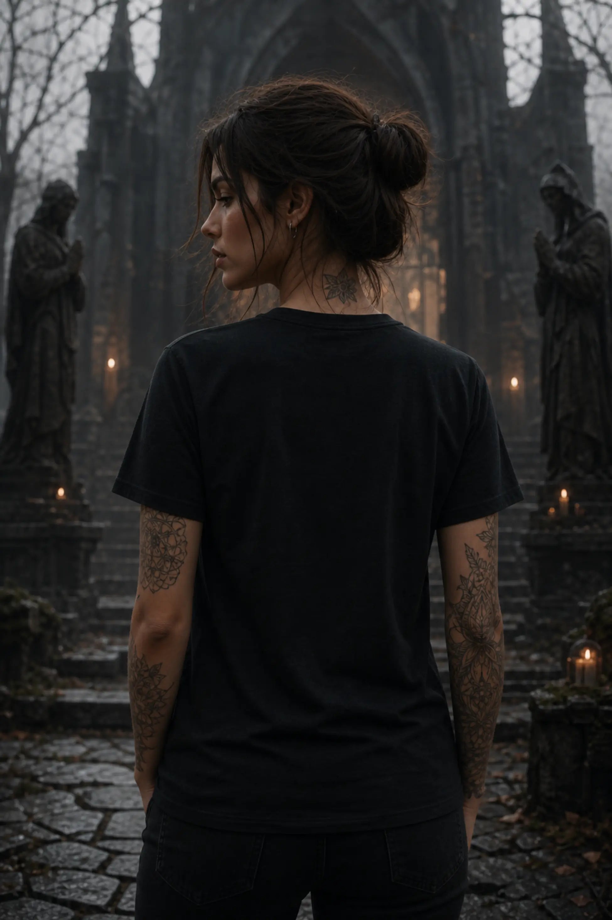 Tattooed person standing before gothic stone structure with statues and candles, wearing black shirt in misty dim setting
