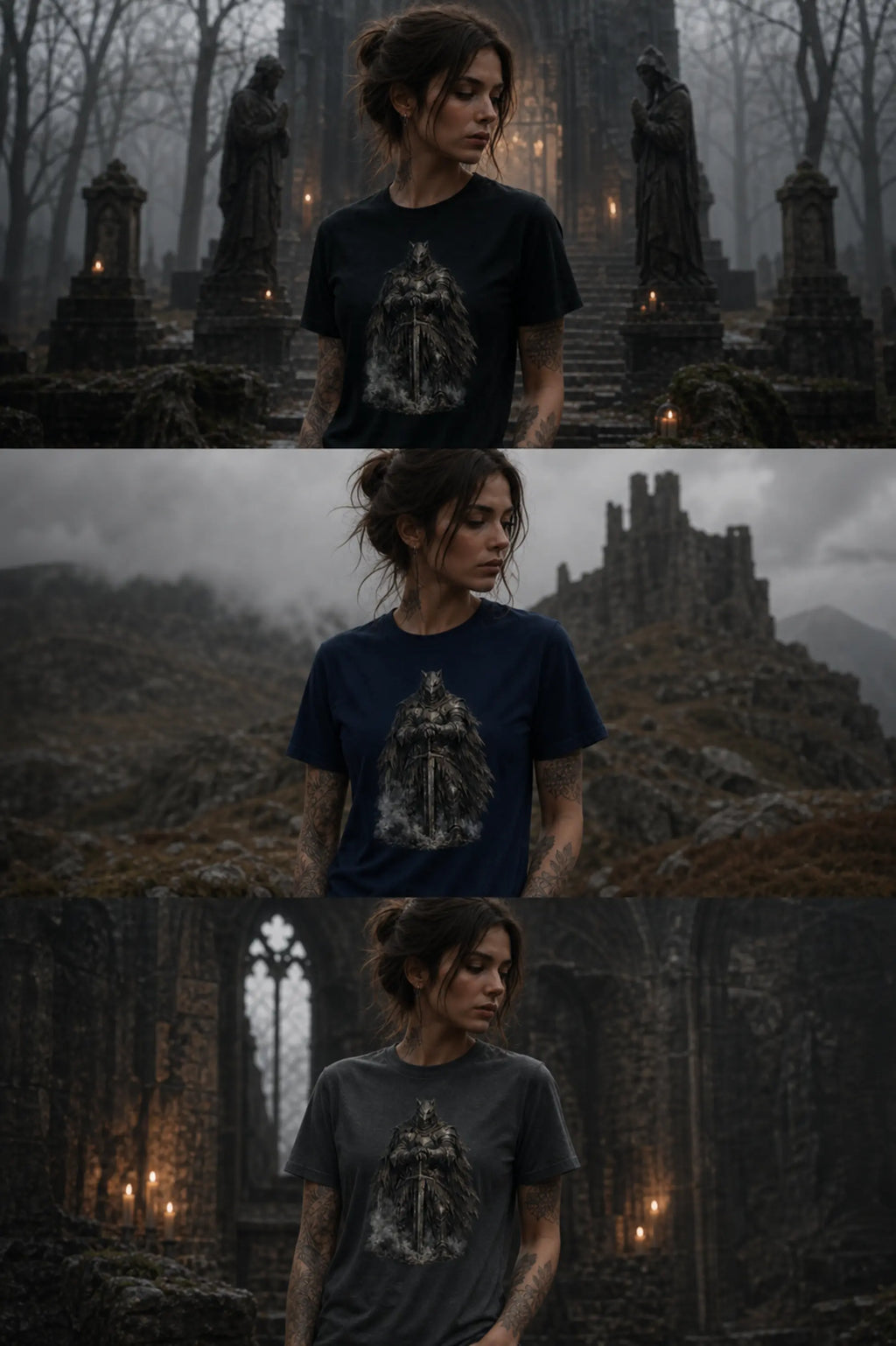 Three stacked shots of woman in black, navy, and gray knight‑graphic T‑shirts set in misty gothic cemetery and castle backdrop