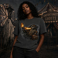 Person in a dark carnival with a ghost, Ferris wheel, and tent, wearing a tee showing a ghost holding a torch and gasoline