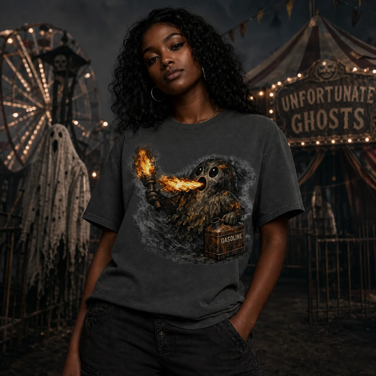 Person in a dark carnival with a ghost, Ferris wheel, and tent, wearing a tee showing a ghost holding a torch and gasoline