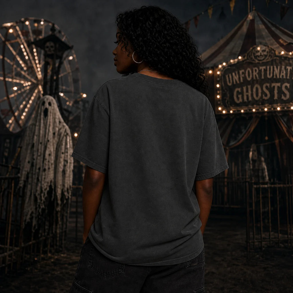 Person in a foggy carnival at night with a ghost, Ferris wheel, and tent, wearing a dark tee in the eerie scene