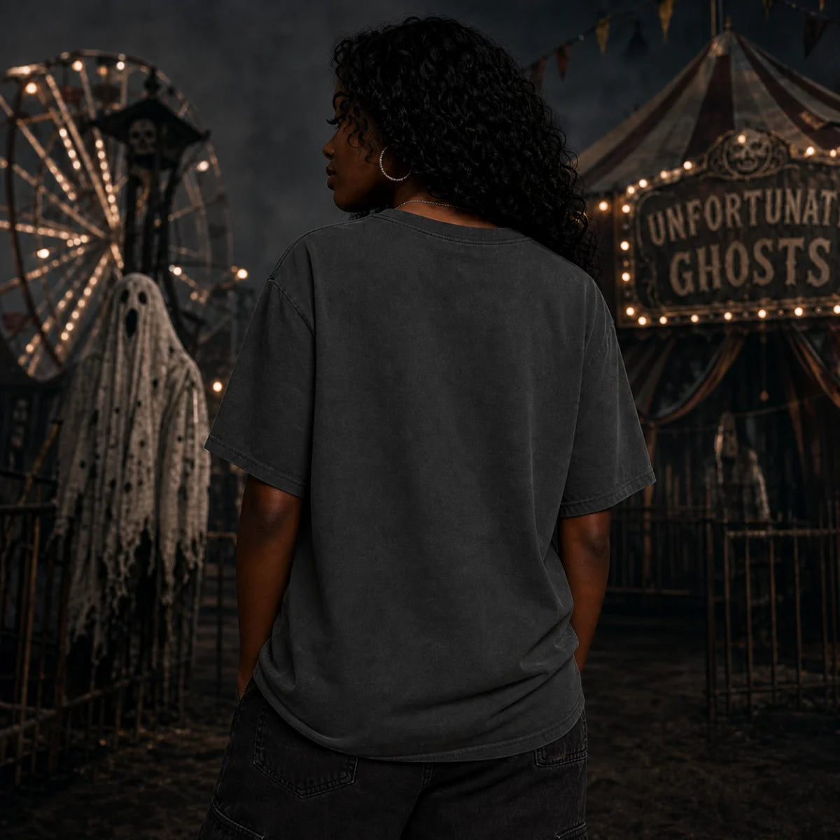 Person in a foggy carnival at night with a ghost, Ferris wheel, and tent, wearing a dark tee in the eerie scene