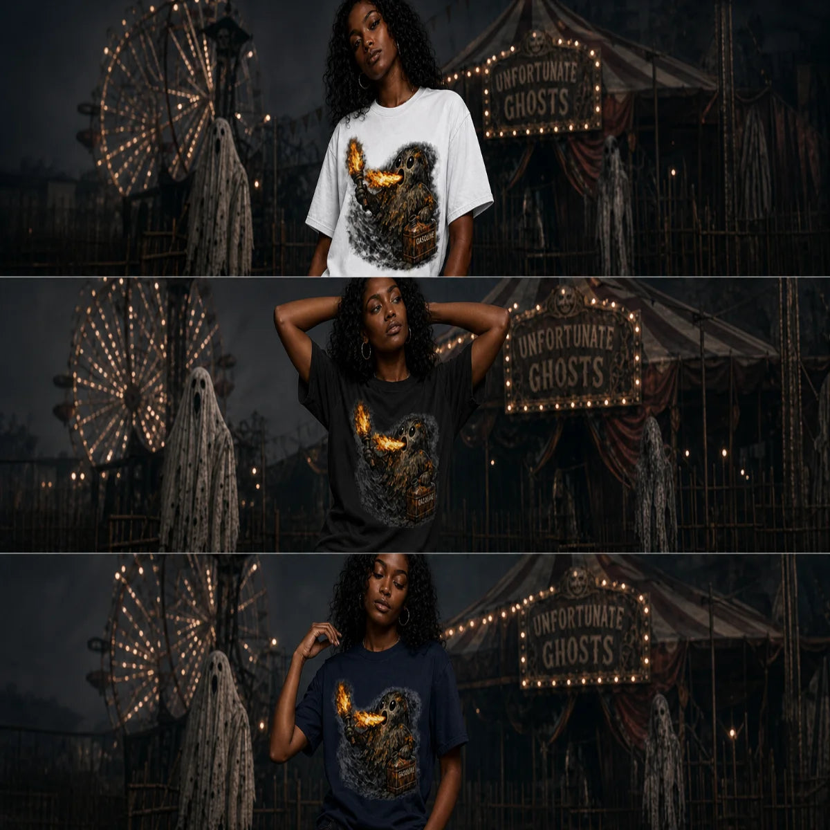Same model shown three times in a dark carnival with ghost, Ferris wheel, and tent, wearing three ghost tees