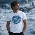 Man in white crew‑neck tee with blue snowy‑mountain graphic standing before icy alien planet landscape with Earth‑like moon