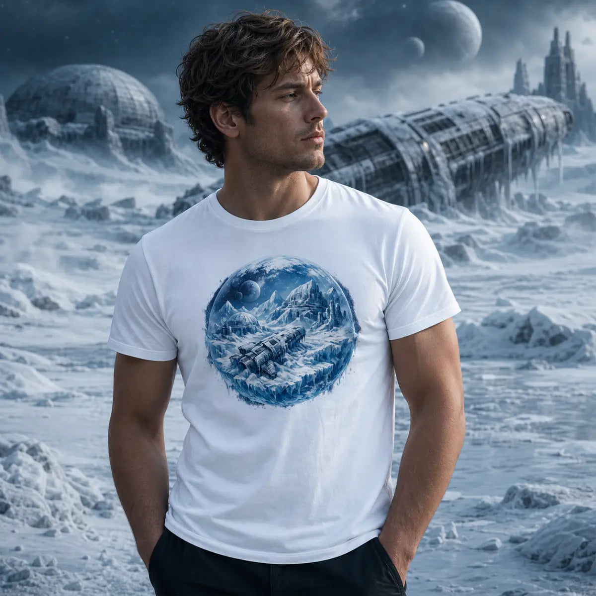 Man in white crew‑neck tee with blue snowy‑mountain graphic standing before icy alien planet landscape with Earth‑like moon