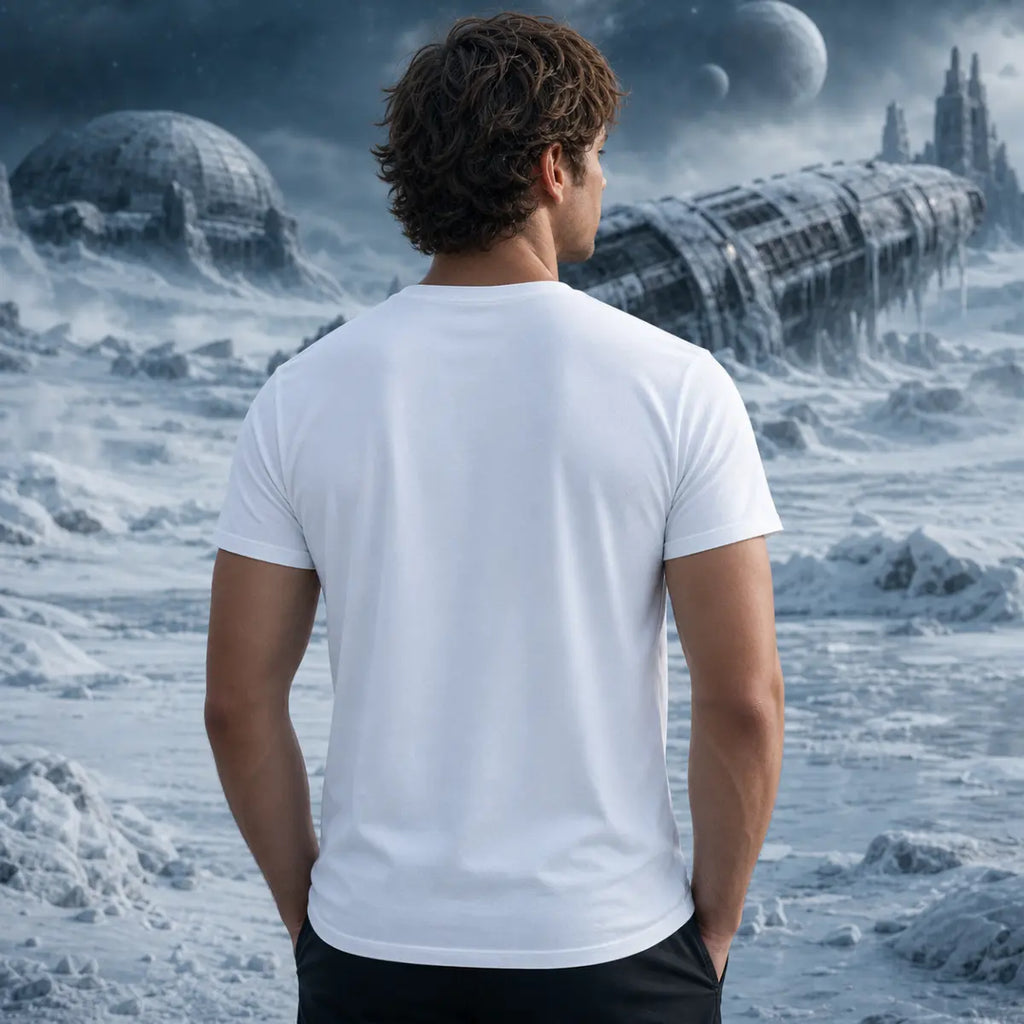 Man seen from behind in plain white tee standing in icy sci‑fi ruins with towering structures and distant moons overhead
