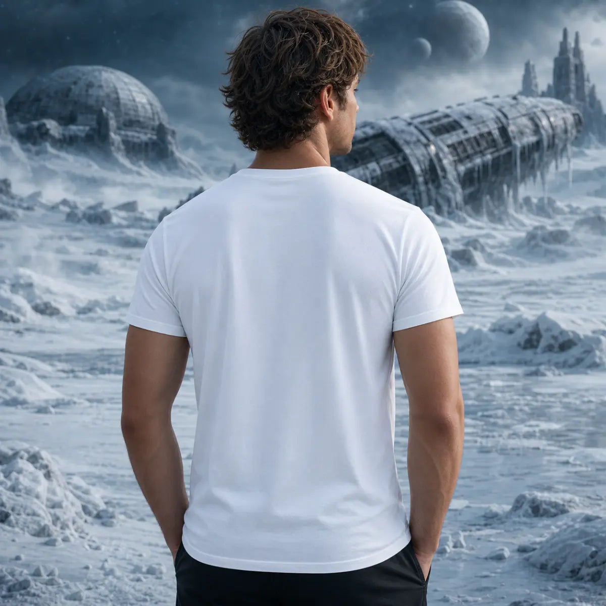 Man seen from behind in plain white tee standing in icy sci‑fi ruins with towering structures and distant moons overhead