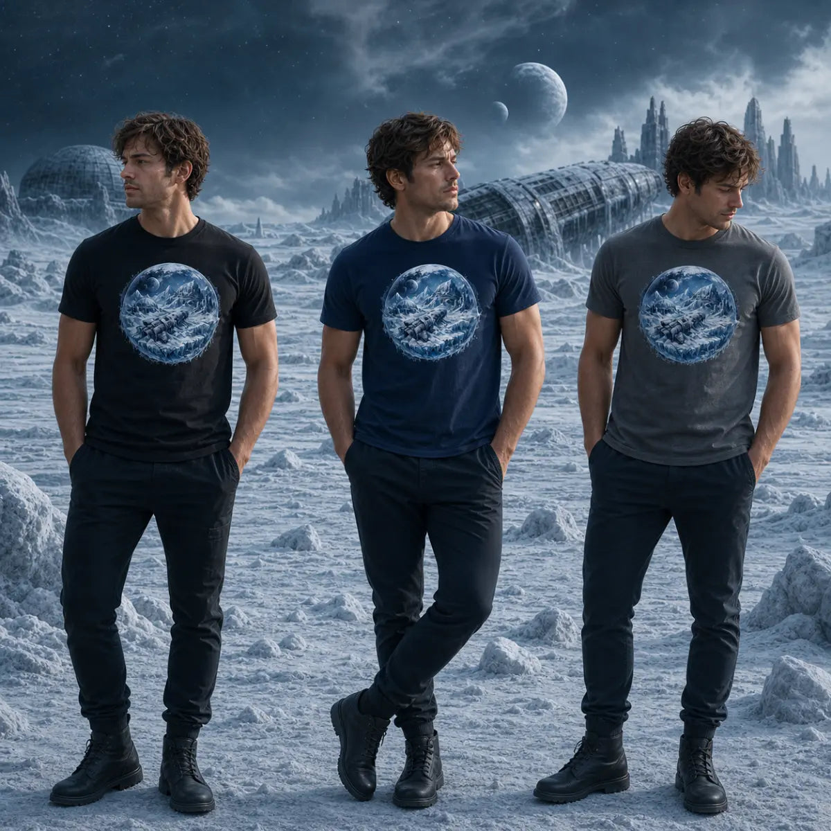 Same model on icy alien terrain wearing black, navy and grey Earth‑print tees under dark cloudy sci‑fi sky with large moon
