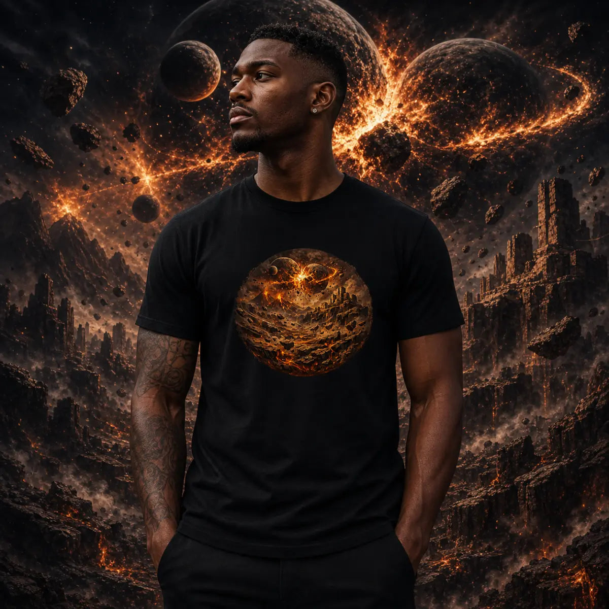 Man in black tee featuring a fiery circular planet graphic set against a dramatic sci‑fi nebula backdrop.