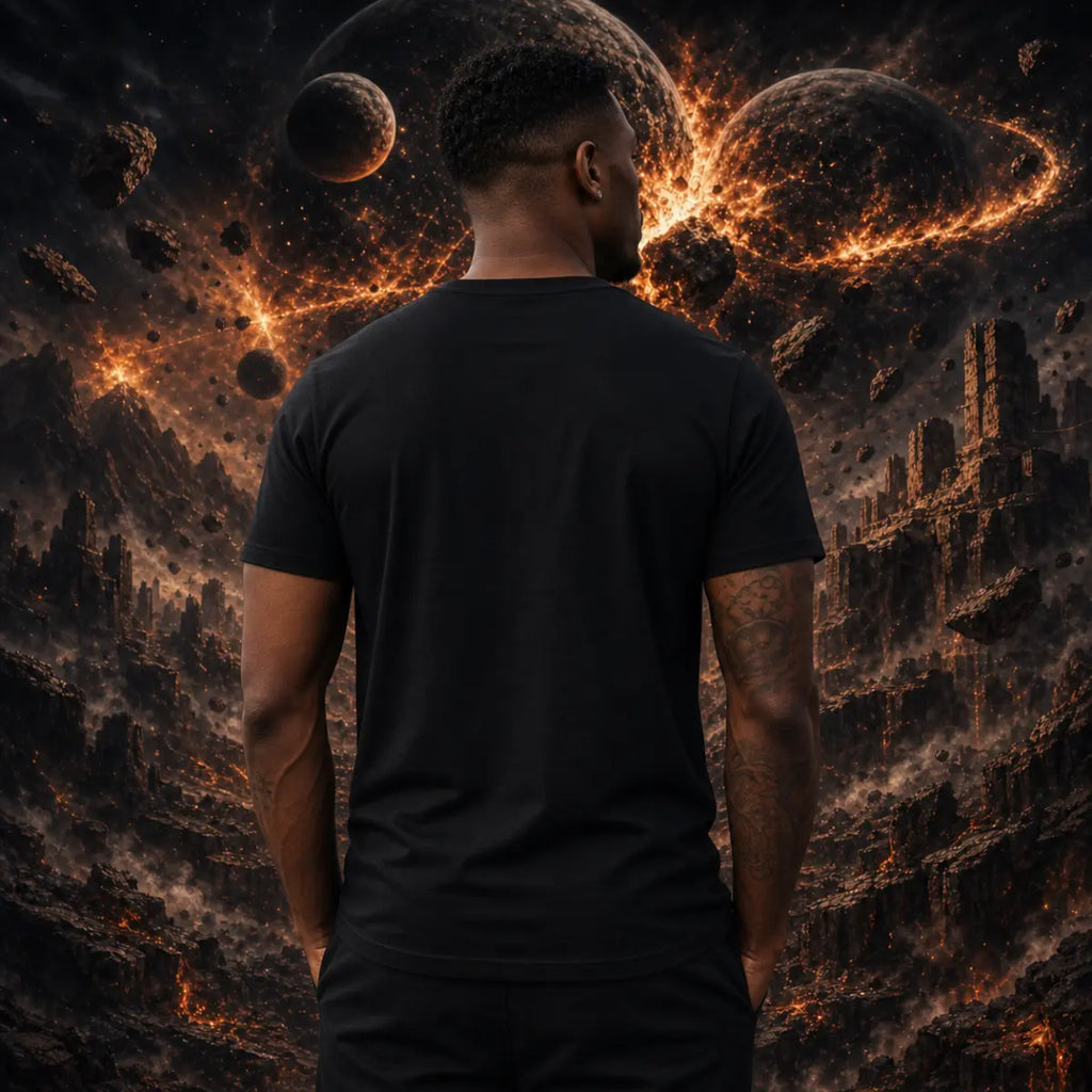 Man in plain black tee showing the blank back while standing before a dark sci‑fi landscape with planets, glowing lava, and rocky terrain.