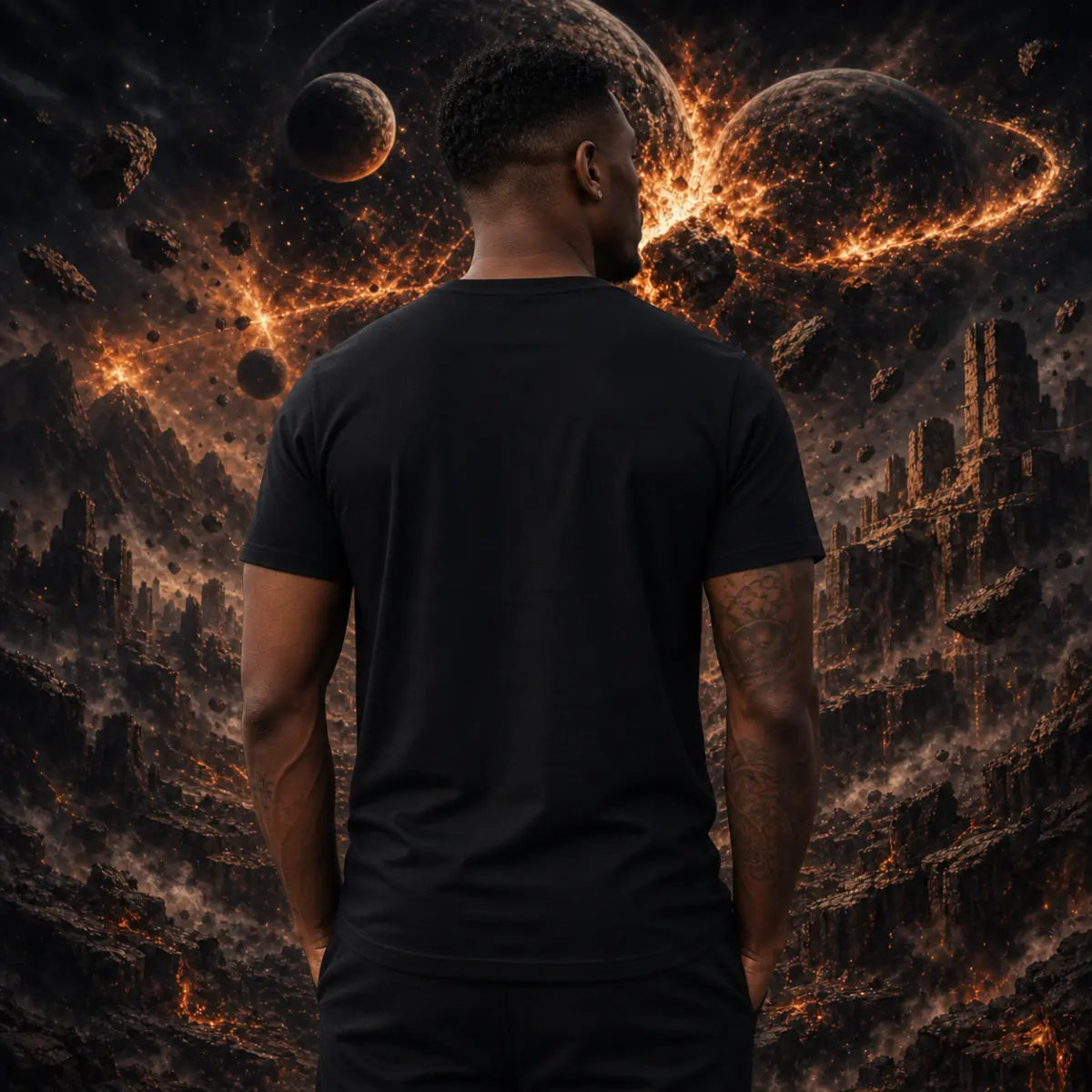 Man in plain black tee showing the blank back while standing before a dark sci‑fi landscape with planets, glowing lava, and rocky terrain.
