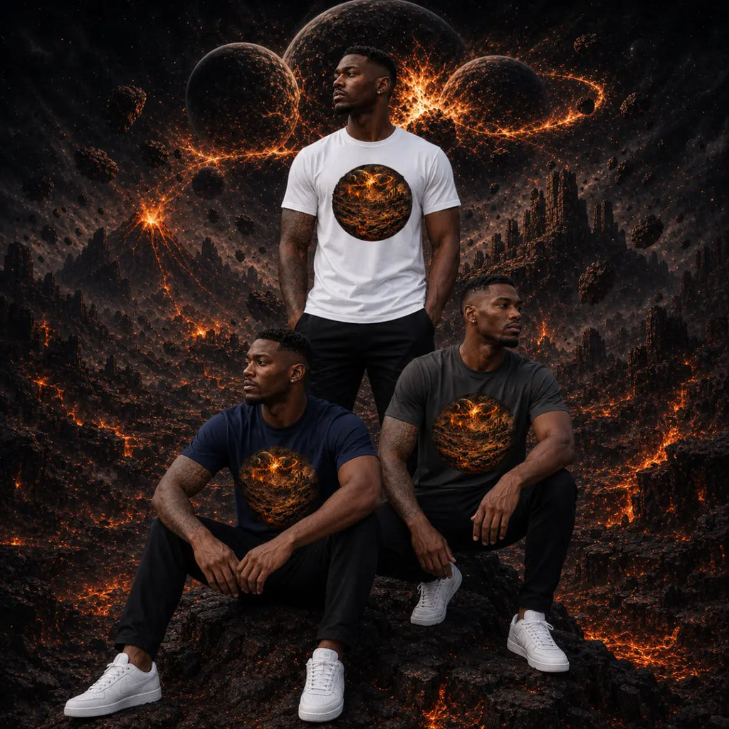 Three versions of the same model wearing white, navy, and charcoal tees featuring a fiery circular planet graphic in a molten sci‑fi landscape.