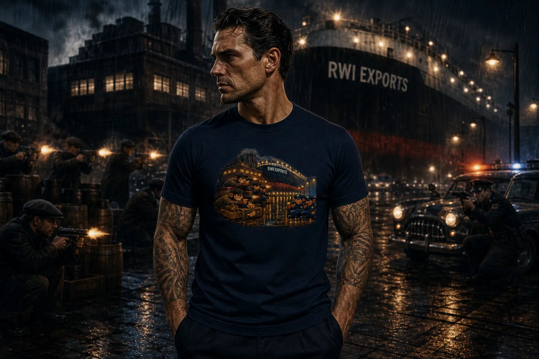 A man in a navy graphic T‑shirt stands in a rainy dark industrial port with an RWI Exports ship visible in the background.