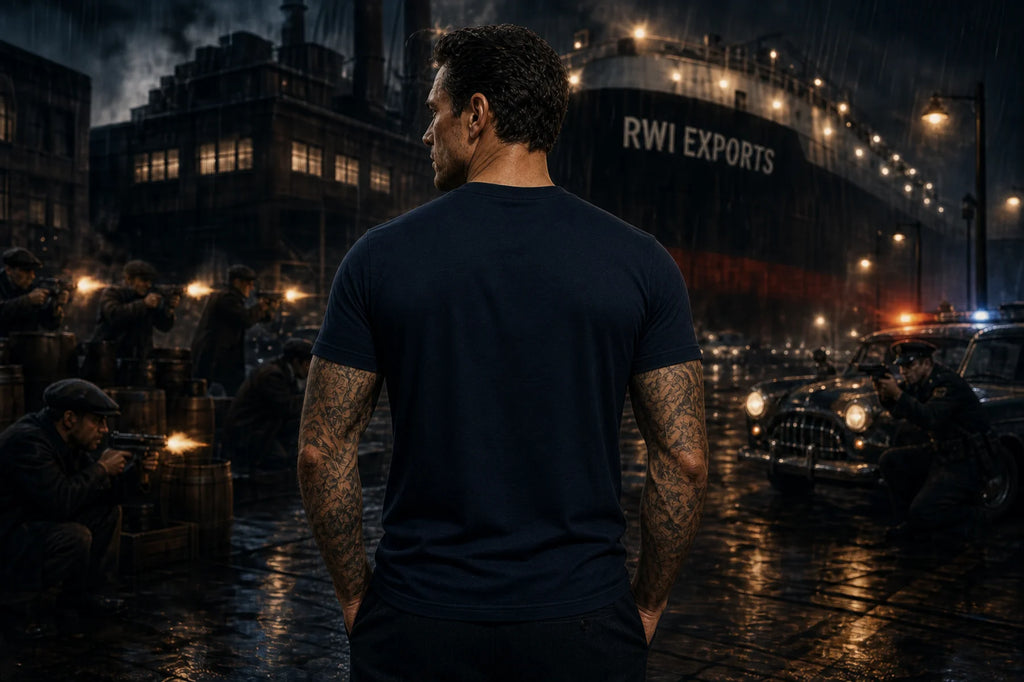 A man with tattooed arms in a dark navy T‑shirt stands in a rainy industrial port with RWI Exports ship, vintage cars and wet lights.