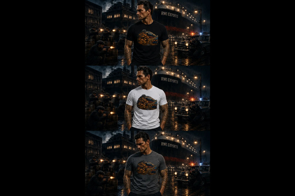 Three stacked photos of a man in a graphic T‑shirt in a moody dockyard shootout scene with ships, wet pavement and harsh lights.