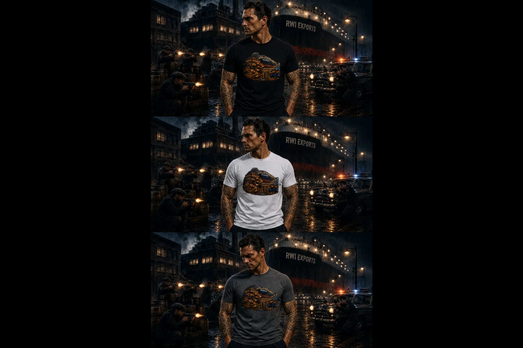 Three stacked photos of a man in a graphic T‑shirt in a moody dockyard shootout scene with ships, wet pavement and harsh lights.