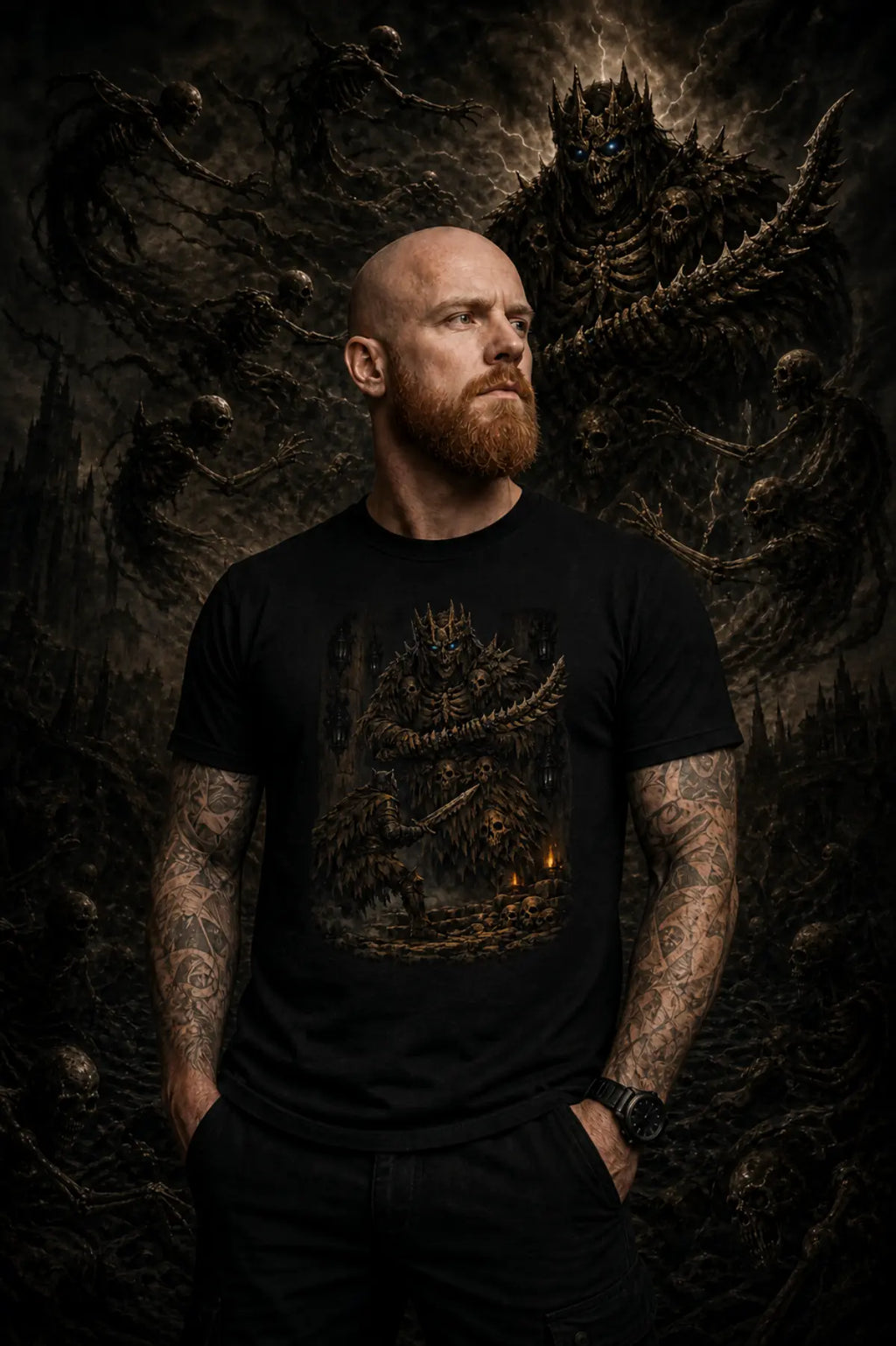 Shaved‑head man with red beard in black graphic T‑shirt standing before dark fantasy backdrop featuring looming monstrous creature