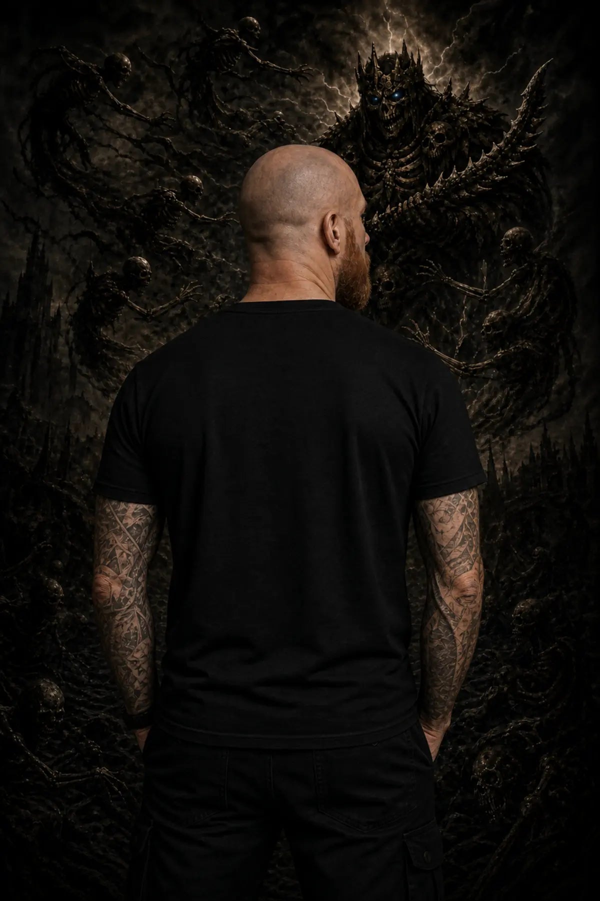 Shaved‑head man with tattooed arms seen from behind in plain black T‑shirt before dark fantasy backdrop featuring skeletal monster