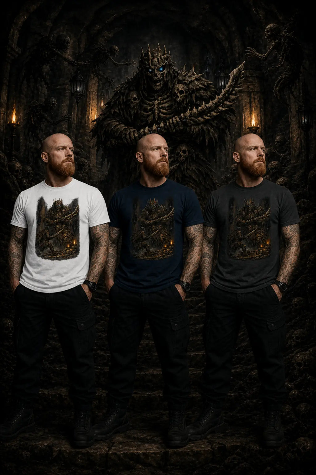 Bearded model in white, navy, and gray skeleton‑graphic T‑shirts standing in dark gothic stone setting with moody atmosphere