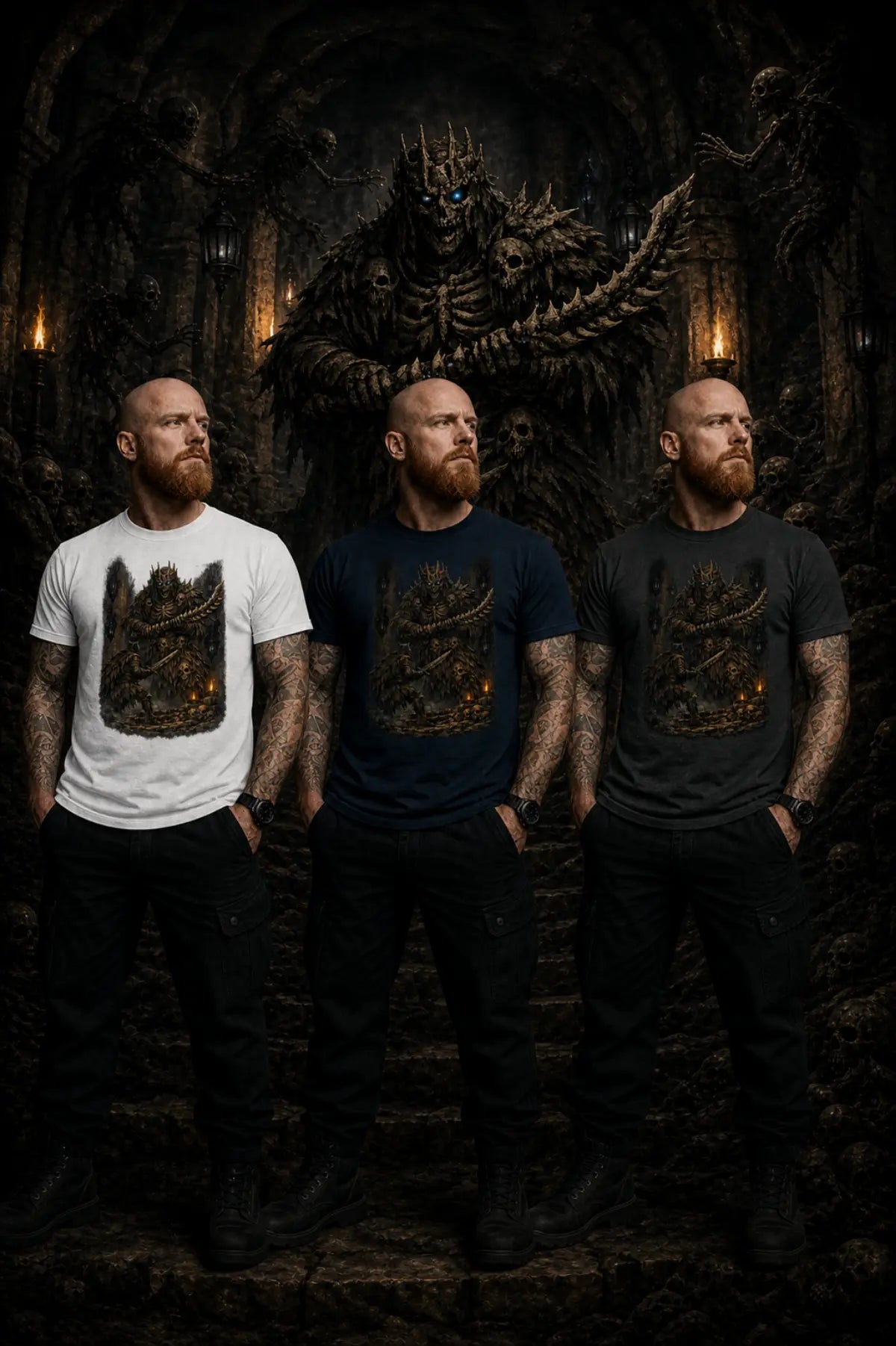 Bearded model in white, navy, and gray skeleton‑graphic T‑shirts standing in dark gothic stone setting with moody atmosphere