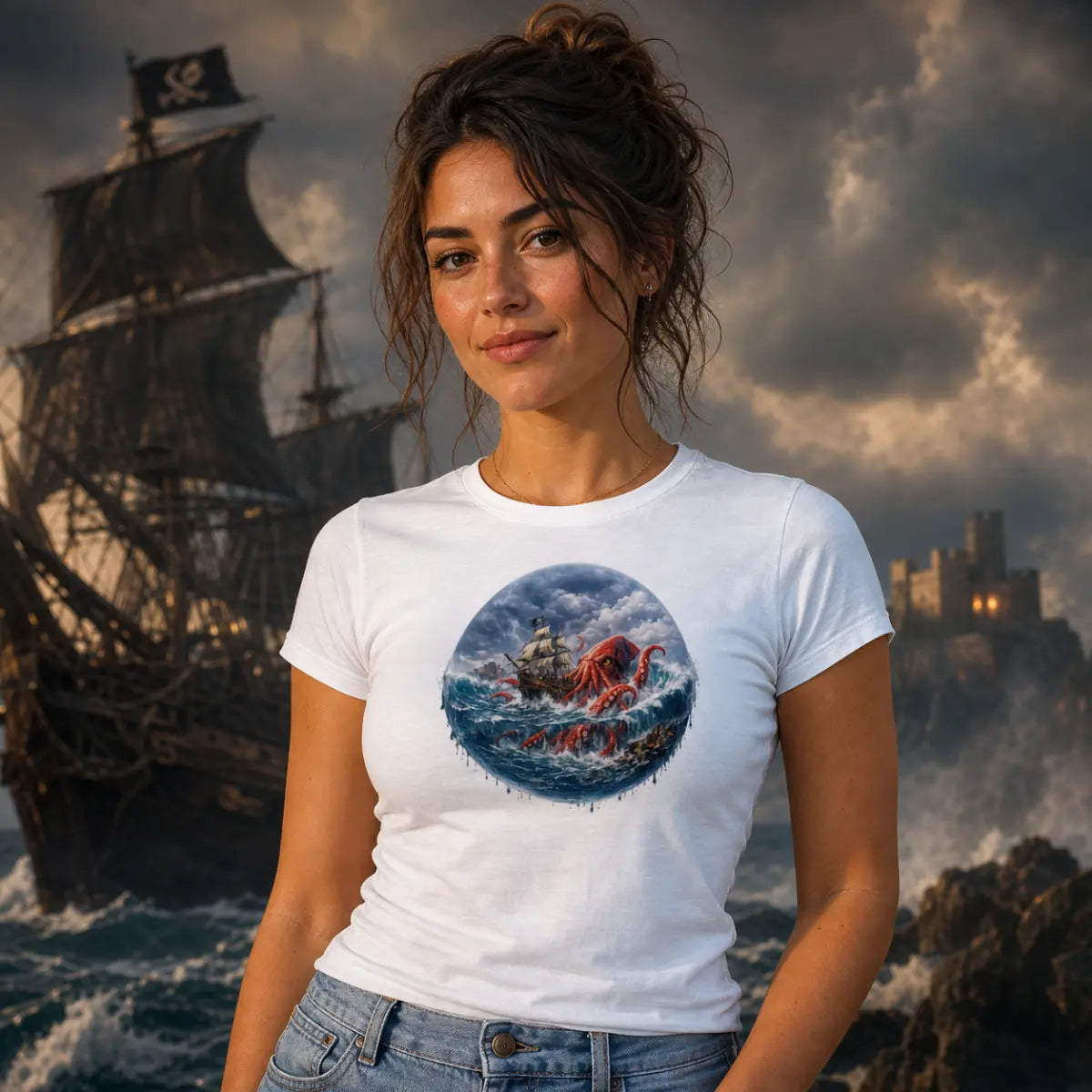 Storm‑lit pirate‑ship scene with person in white tee featuring vivid kraken battle artwork against dramatic coastal cliffs.