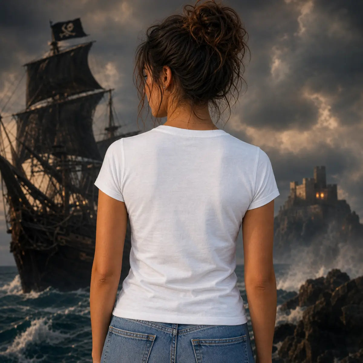 Person in white shirt facing stormy seascape with pirate ship and distant cliffside castle under dark, dramatic skies.