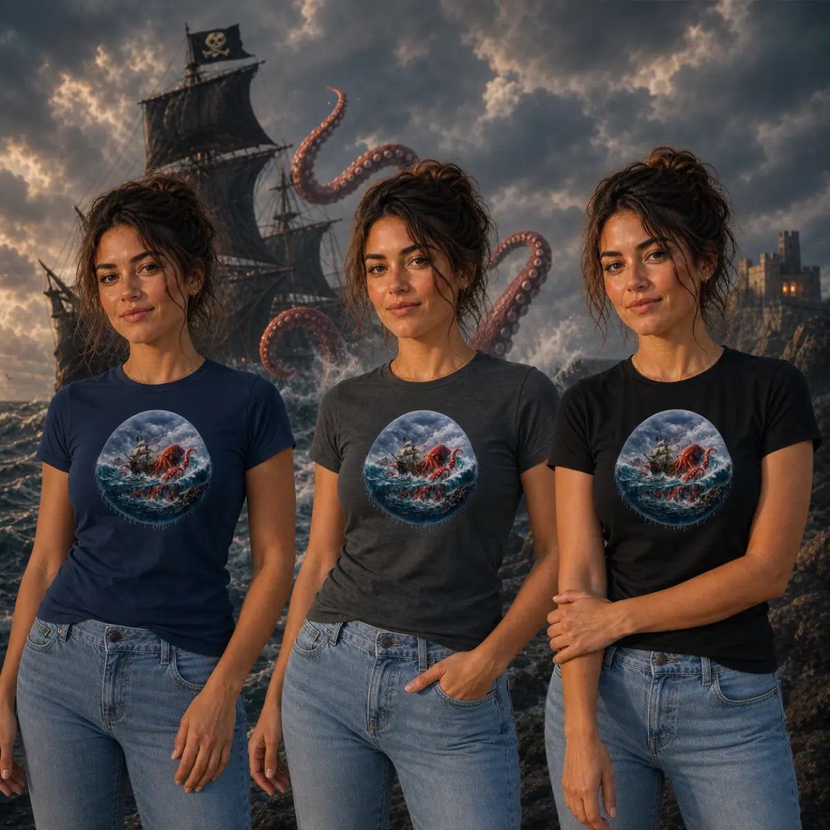 Three people in navy, gray, and black tees featuring a vivid kraken‑versus‑ship graphic set against a stormy pirate scene.