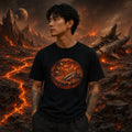 Man in black tee standing on volcanic terrain with glowing lava, jagged rocks and two moons in a fiery sci‑fi sky