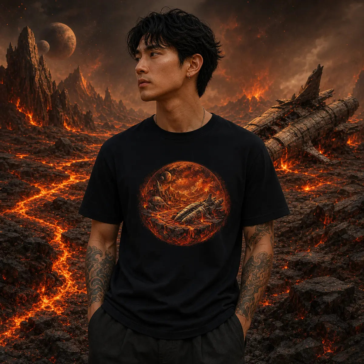 Man in black tee standing on volcanic terrain with glowing lava, jagged rocks and two moons in a fiery sci‑fi sky