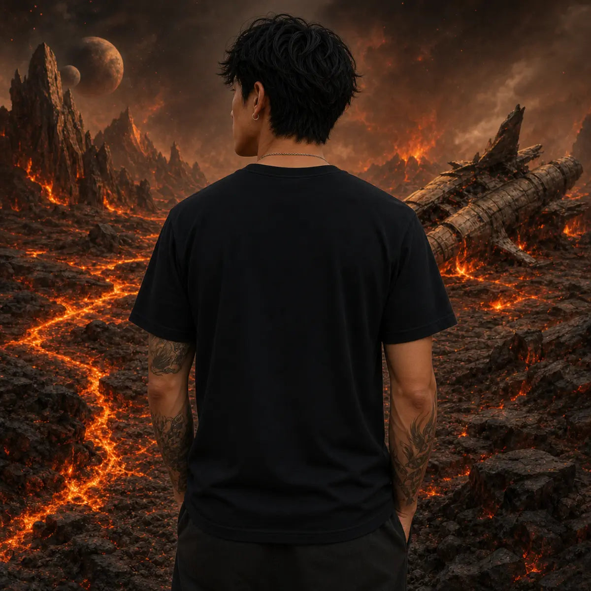 Man seen from behind in black tee standing on fiery volcanic terrain with glowing lava, jagged rocks and two moons above