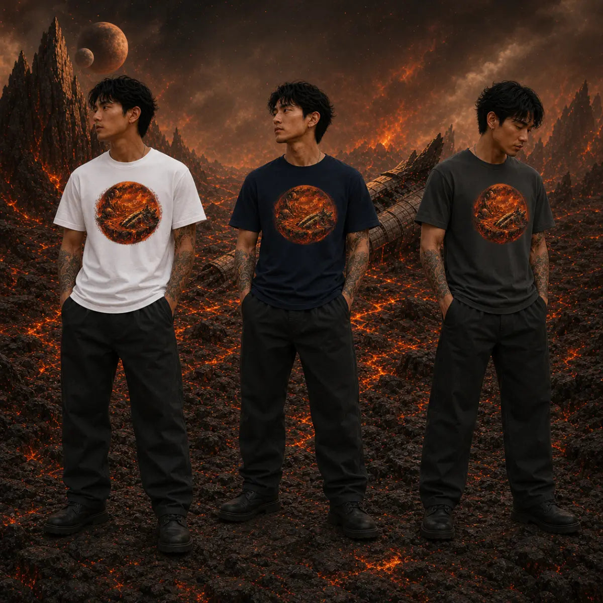 Same model in white, navy and grey tees standing on volcanic terrain with glowing lava, jagged rocks and a large moon above