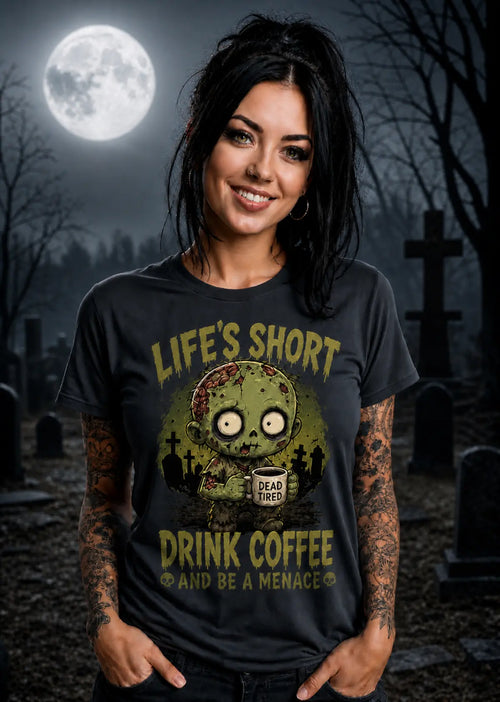 A woman stands in a moonlit graveyard wearing a black T‑shirt with a zombie graphic and “Life’s Short Drink Coffee” text.