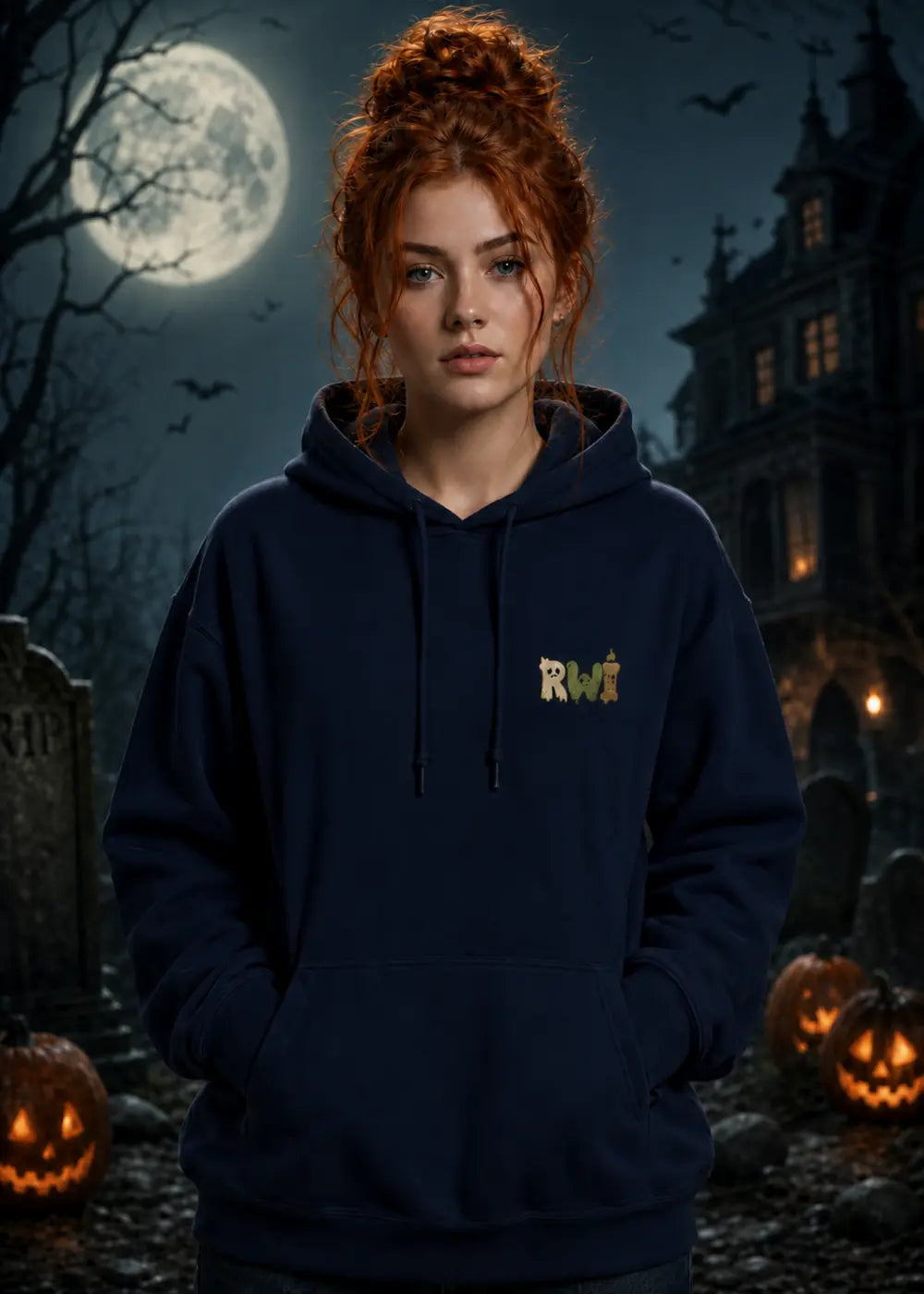 A woman with red hair stands in a moonlit graveyard wearing a navy hoodie with a small gold “RWI” logo on the chest.