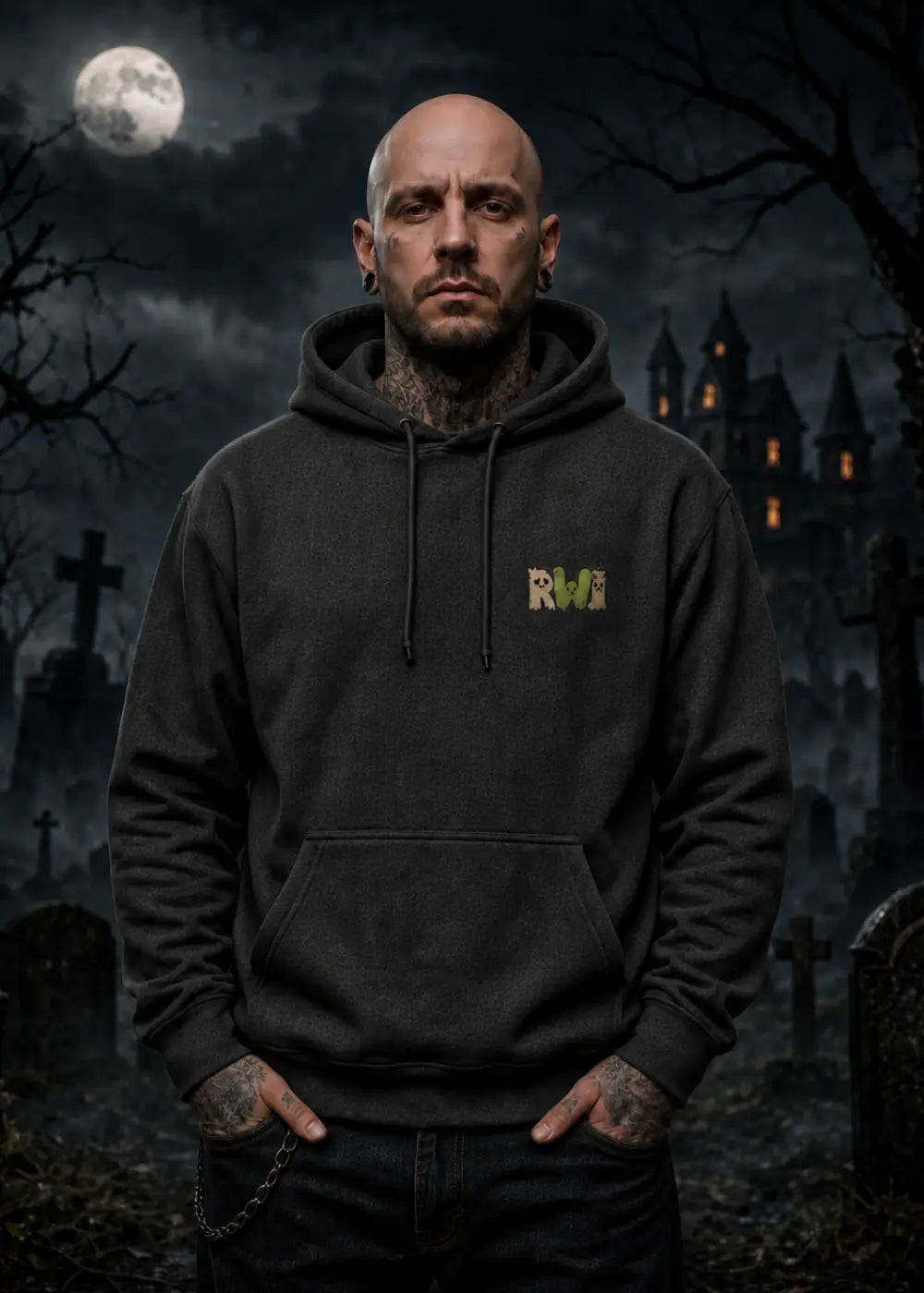 A man stands in a moonlit graveyard wearing a dark hoodie with a small green‑gold “RWI” logo on the chest