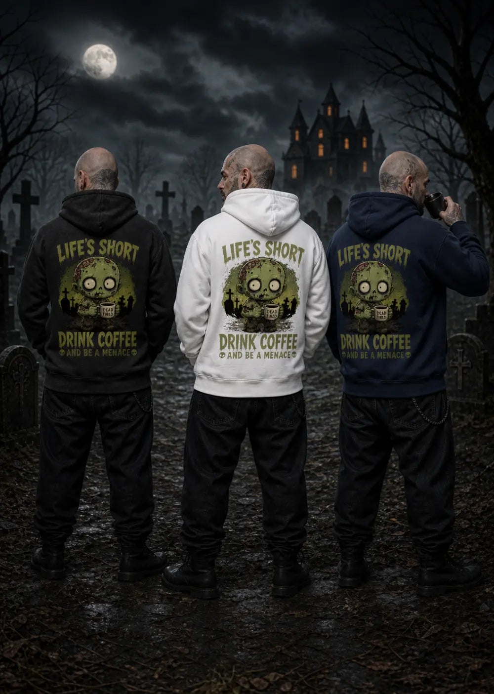 Three men stand in a moonlit graveyard wearing hoodies with zombie graphics and “Life’s Short Drink Coffee” text.