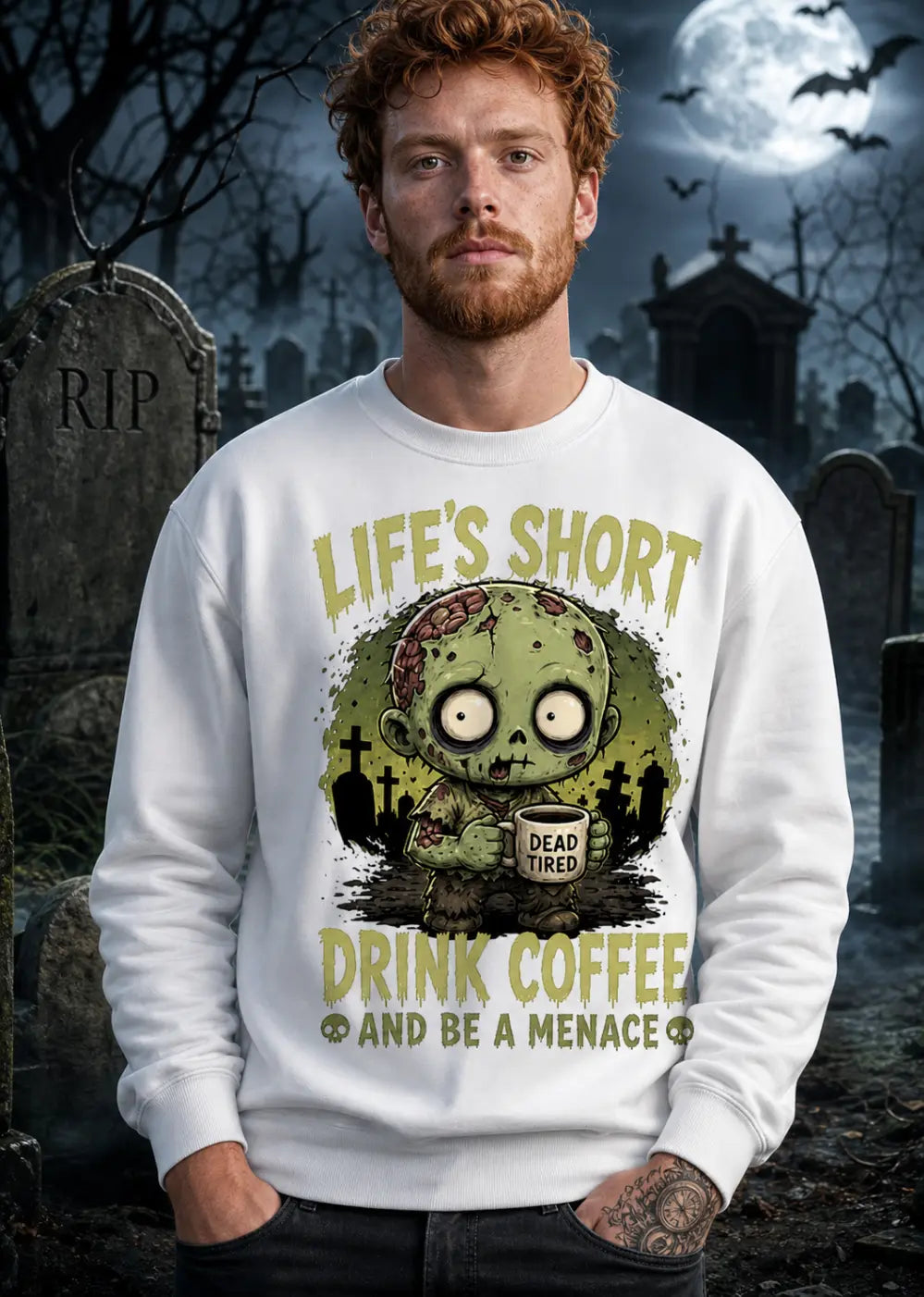 A man stands in a moonlit graveyard wearing a white sweatshirt with a zombie graphic and “Life’s Short Drink Coffee” text.