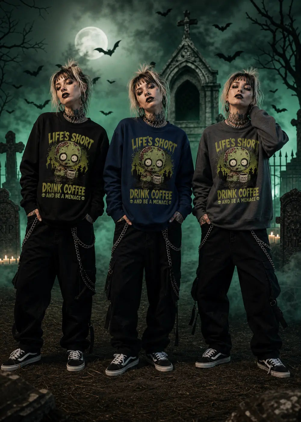 Three women stand in a green‑lit graveyard wearing black, navy, and gray sweatshirts with zombie graphics and coffee text.