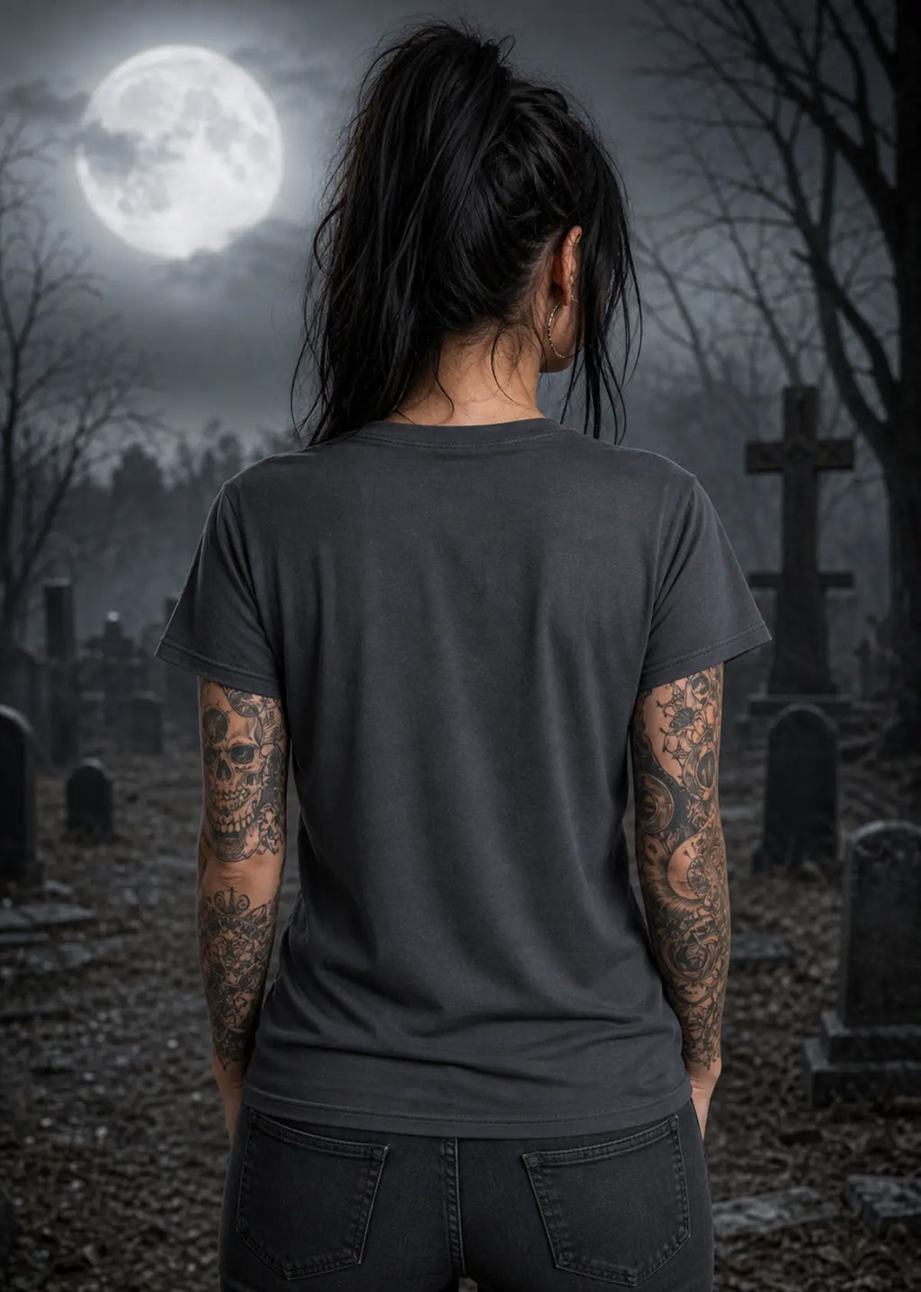 A woman stands in a moonlit graveyard wearing a dark T‑shirt, her tattooed arms visible against the eerie night backdrop.