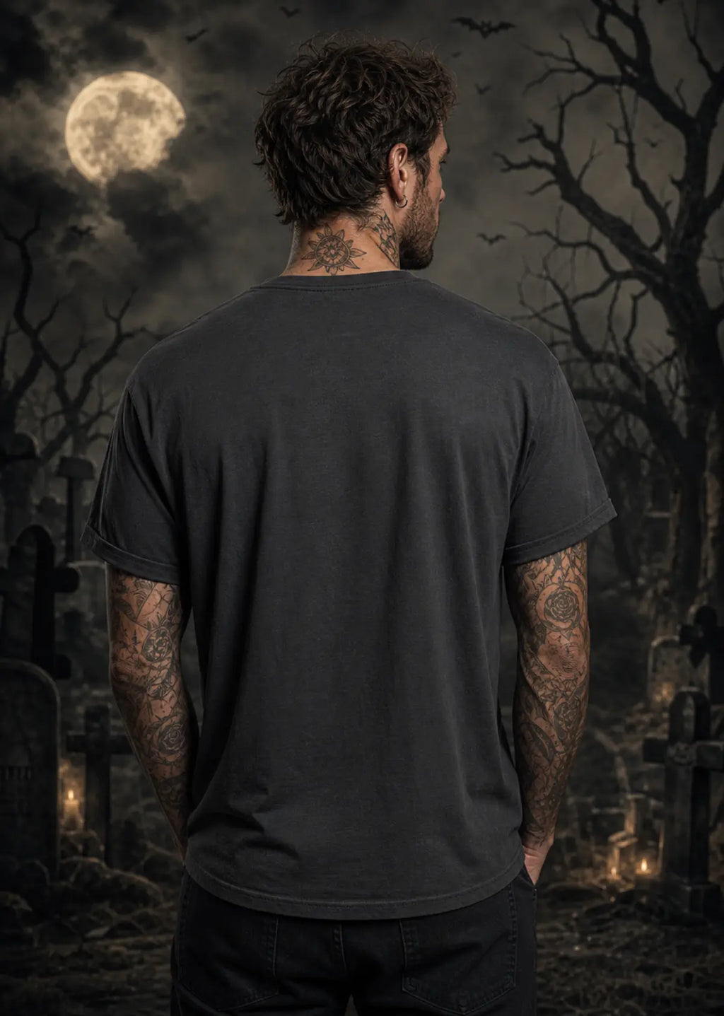 A man stands in a moonlit graveyard wearing a dark T‑shirt, his tattooed arms visible against the eerie night backdrop.