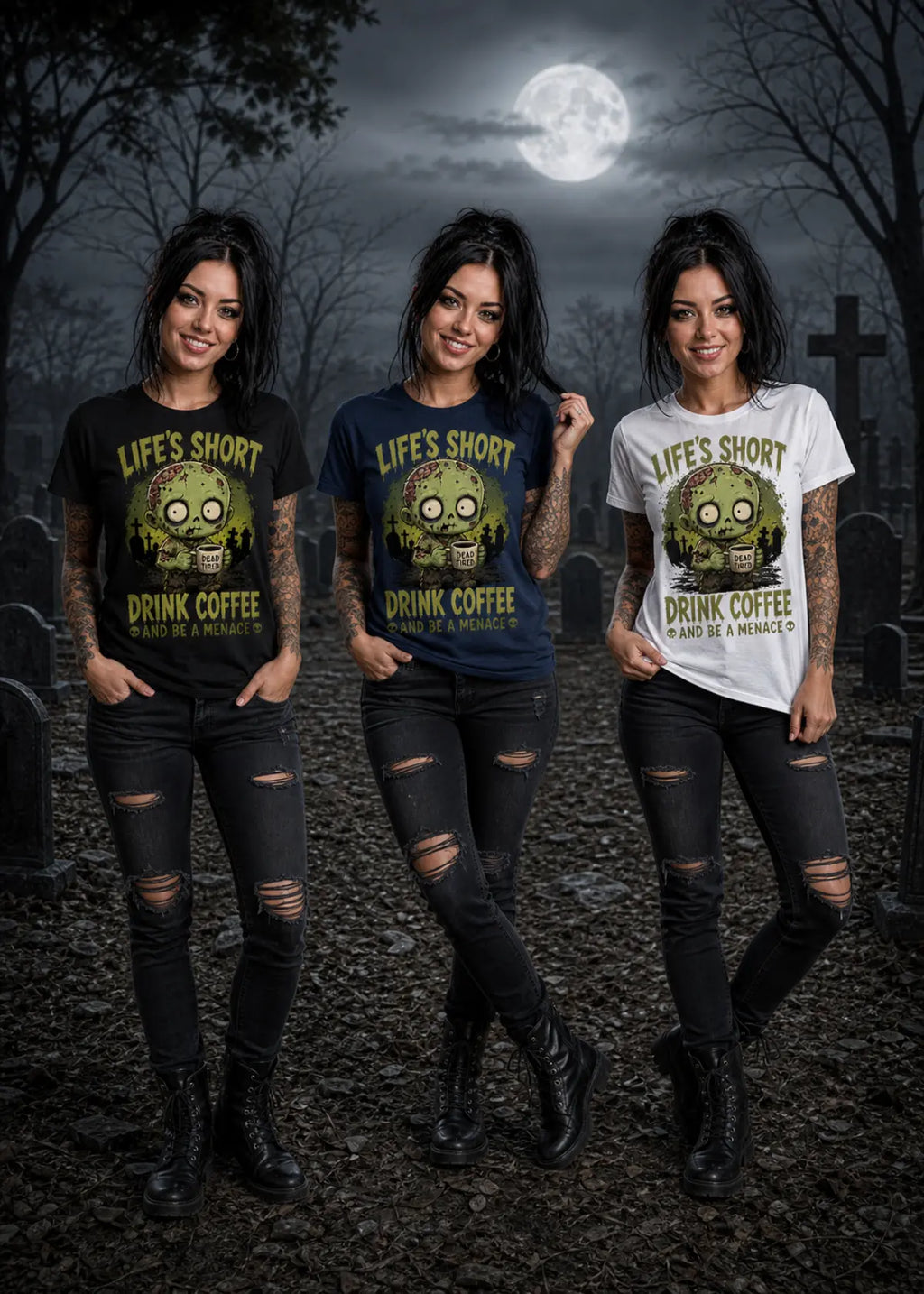 Three women stand in a moonlit graveyard wearing black, navy, and white T‑shirts with zombie graphics and coffee text.
