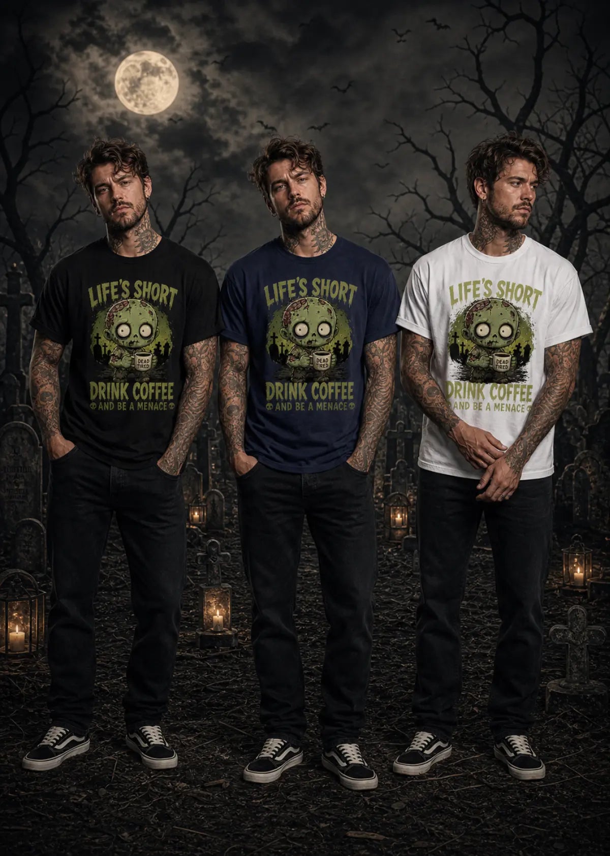 Three men stand in a moonlit graveyard wearing black, navy, and white T‑shirts with zombie graphics and coffee text.