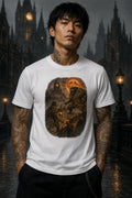 Person in white werewolf‑graphic T‑shirt standing before gothic spires and street lamps in a moody night setting